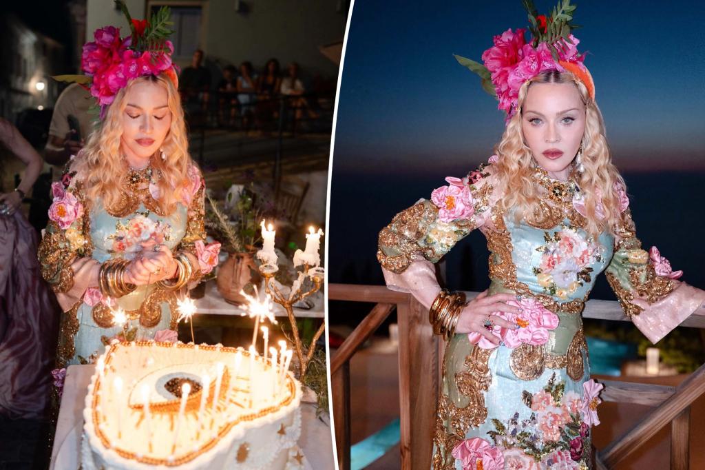 Madonna celebrates 68th birthday in over-the-top sequined couture and a flower crown