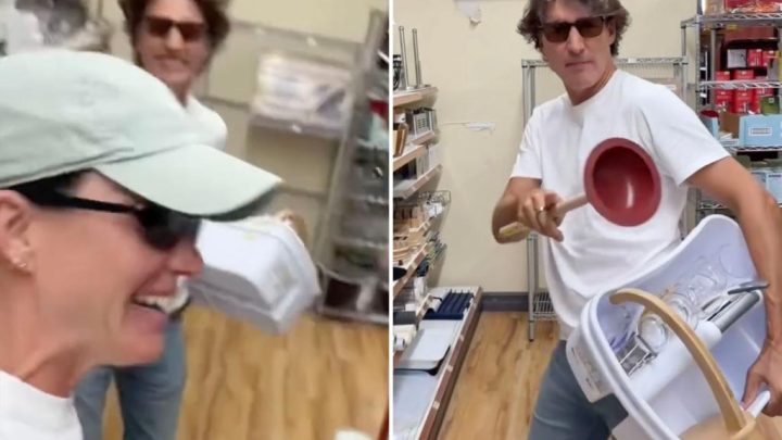 Justin Trudeau wields toilet plunger in cringeworthy dance with Katy Perry in hardware store