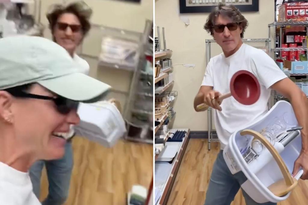 Justin Trudeau wields toilet plunger in cringeworthy dance with Katy Perry in hardware store