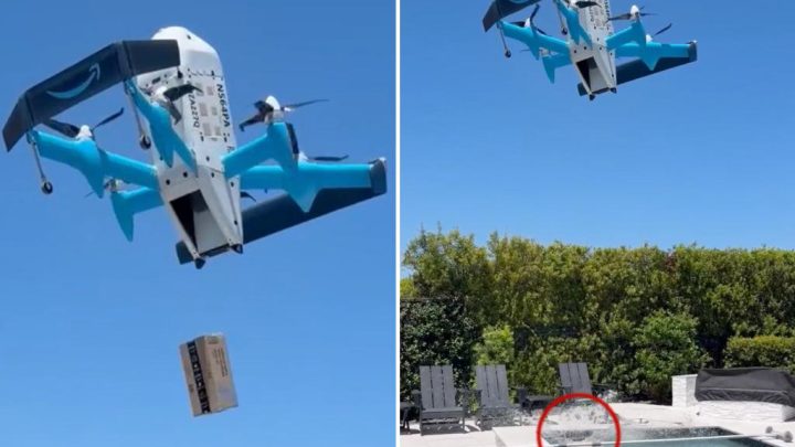 Amazon delivery drone drops ‘shocked’ customer’s package directly into swimming pool in viral video