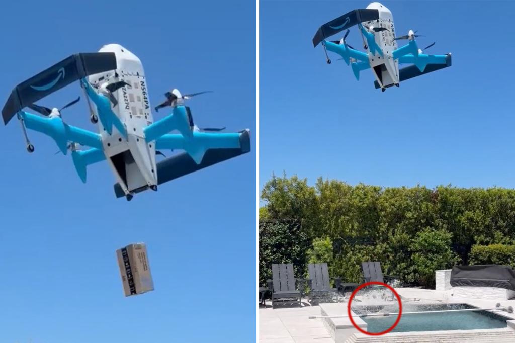 Amazon delivery drone drops ‘shocked’ customer’s package directly into swimming pool in viral video