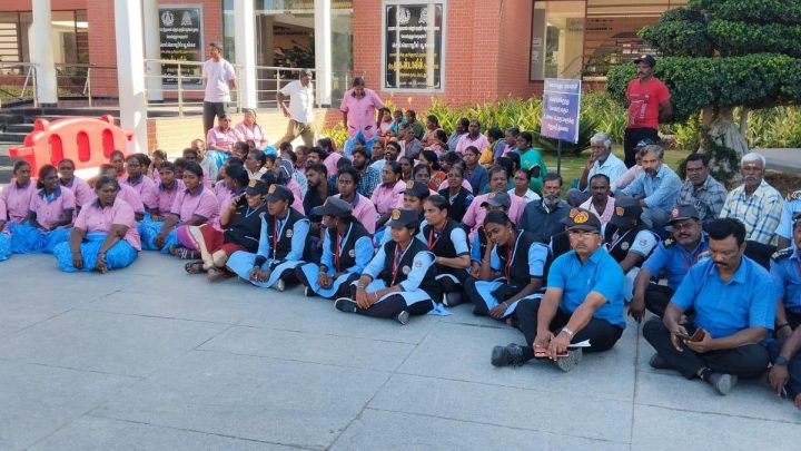 Contract workers at Coimbatore’s Semmozhi Poonga stage protest over pay delay