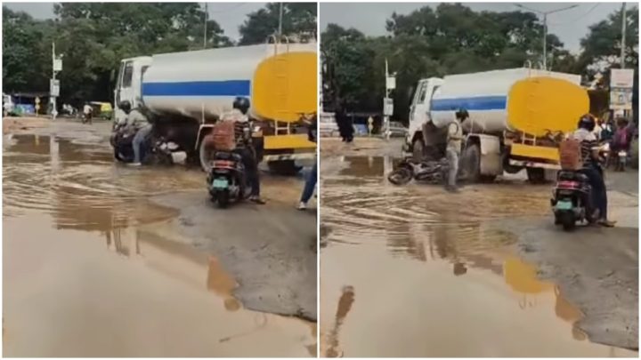 Bengaluru biker escapes death by inches as tanker almost crushes him, video viral
