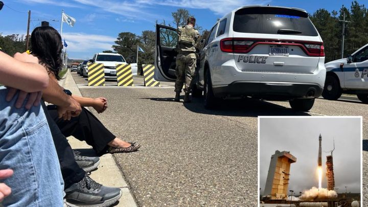 Reporters face guns and sirens after arriving for California Vandenberg Space Force event
