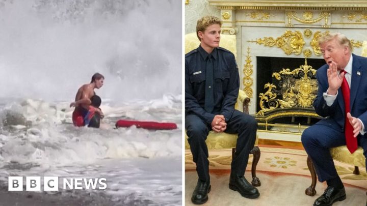 'He's a real hero' – Trump meets teen lifeguard after dramatic rescueTrump hosted Ryder Williams at the White House after the 16-year-old rescued a 10-year-old boy from a beach in California on 25 July.8 mins agoUS & Canada