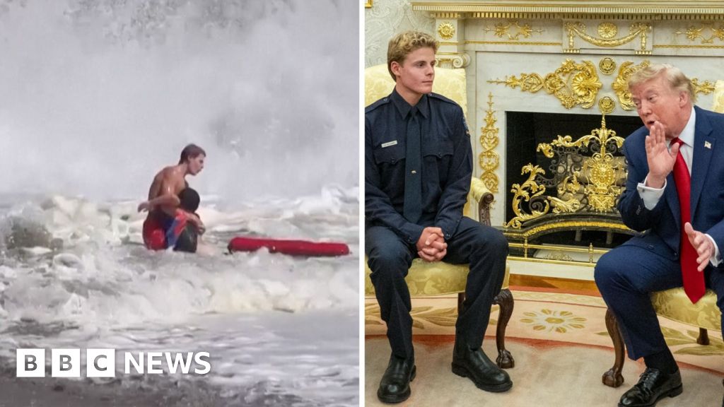 'He's a real hero' - Trump meets teen lifeguard after dramatic rescueTrump hosted Ryder Williams at the White House after the 16-year-old rescued a 10-year-old boy from a beach in California on 25 July.8 mins agoUS & Canada