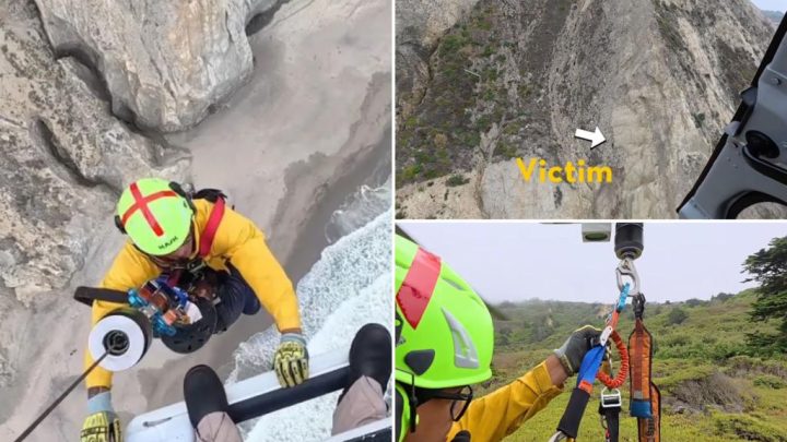 Dramatic moment paraglider who crashed into cliff is pulled to safety in harrowing rescue mission