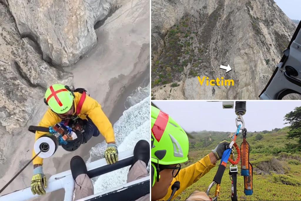 Dramatic moment paraglider who crashed into cliff is pulled to safety in harrowing rescue mission