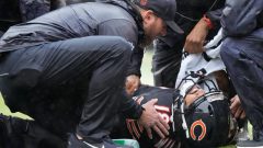 Bears quarterback Caleb Williams carted off with a right hamstring injury