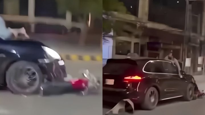 Luxury Car Driver Drags Motorcycle and Man on Bonnet While Fleeing Crash