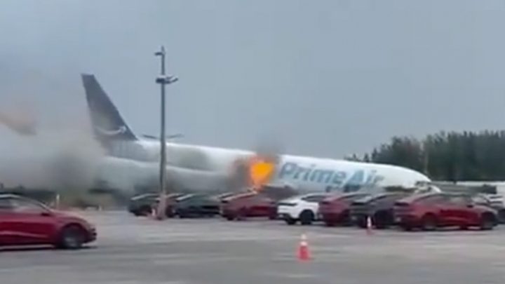 Moment Amazon plane crash lands in Miami