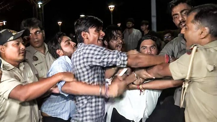 ABVP students protest at Civic Centre over Satya Niketan building collapse