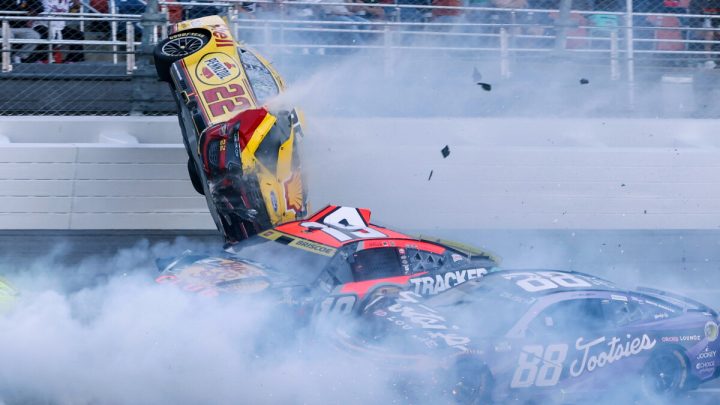NASCAR race at Talladega stopped after Joey Logano’s car goes airborne in scary 15-car wreck