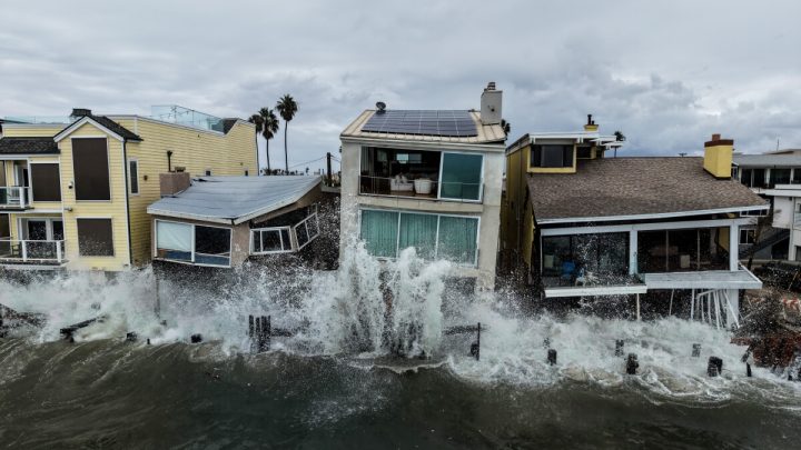 Using a drone, AP’s Jae C. Hong frames Long Beach’s waves crashing into oceanfront homes